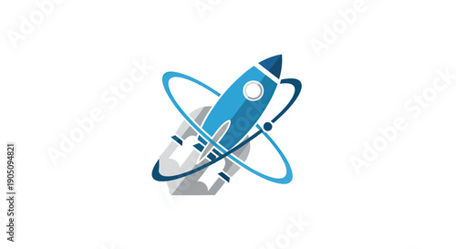 Blue Rocket Ship Launching with Orbiting Atoms, Science and Technology Concept
