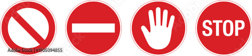 Bold red octagon stop sign icon with white text, traffic safety road signage symbol for transportation guidance, warning systems and vector illustration.