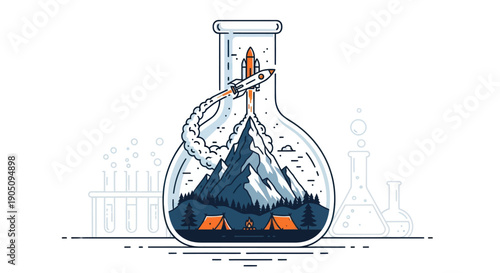 Science beaker with mountain landscape, camping and rocket launch - conceptual art