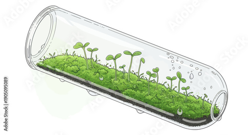 Tiny Terrarium Ecosystem in Glass Tube: Seedlings Growing in Moss