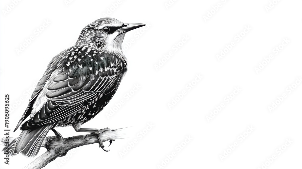 Fototapeta premium Detailed black and white illustration of a perched bird on branch