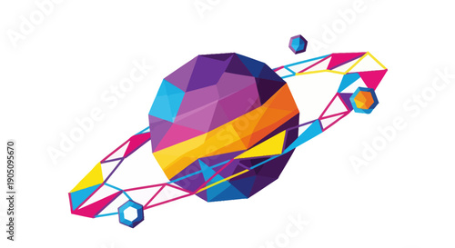Abstract Geometric Planet Saturn with Colorful Rings and Moons