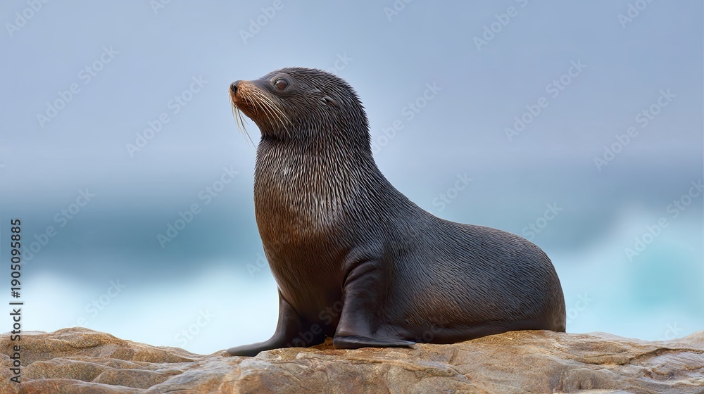 Fototapeta premium Majestic sea lion basking on a rocky shore with ocean waves in the background, showcasing the beauty and grace of marine wildlife in natural habitat