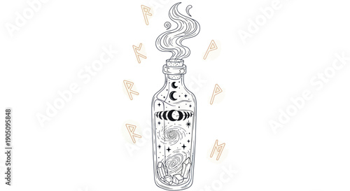 Magical Potion Bottle with Celestial Symbols and Runes