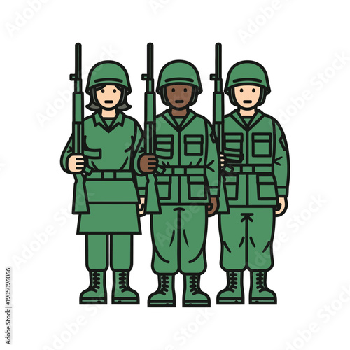 Three Soldiers Standing with Rifles Ready.