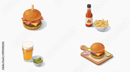 Isometric vector icon set of gourmet craft burgers, bacon cheeseburger, truffle fries with hot sauce, glass of beer with pickles, and a burger on a wooden board, isolated on white background.