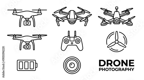 Minimalist Drone Photography Icon Set Featuring Quadcopters, Remote Controller, Propeller, Battery, and Camera Lens in Black and White Line Art Style for Web Design, Apps, and Graphic Projects.