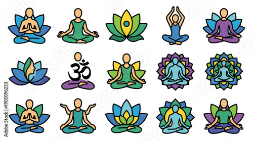 Yoga Meditation Vector Icon Set featuring People in Lotus Pose, Zen Symbols, and Mandala Patterns; Bold Outline Style Icons for Wellness, Mindfulness, Spiritual Health, and Holistic Design.
