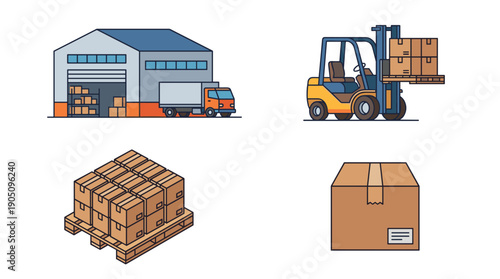 Logistics and Supply Chain Vector Illustration Set Featuring Warehouse Building with Delivery Truck, Forklift Carrying Boxes, Pallet with Stacked Packages, and Single Shipping Cardboard Carton.