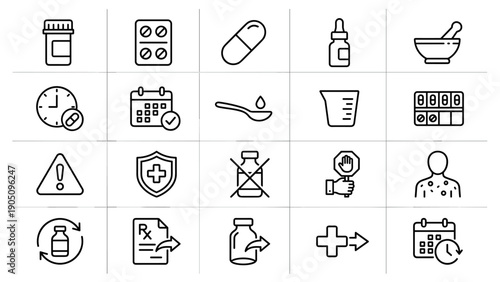 Comprehensive Set of 20 Pharmacy and Medication Safety Line Icons Featuring Pills, Capsules, Dosage Instructions, Prescription Refills, Medical Warnings, Healthcare Scheduling, and Patient Symbols.