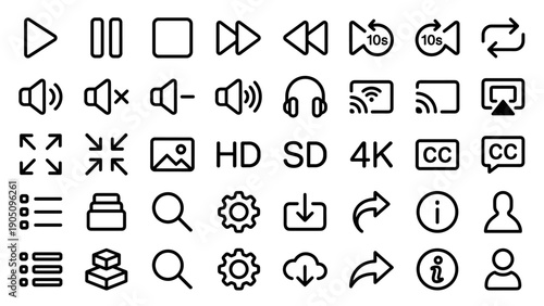 Comprehensive set of 32 minimalist vector line icons for video streaming and media player interface controls including play, pause, volume, subtitles, cast, HD, 4K, settings, search, and download.