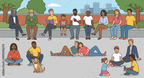 Diverse group of people and families relaxing in a city park setting, enjoying outdoor leisure activities, flat vector illustration
