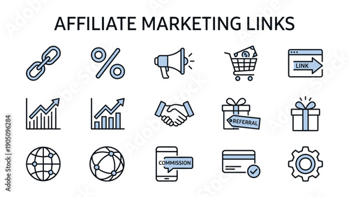 Professional vector set of affiliate marketing links line icons in a minimalist style. Features symbols for commissions, referrals, networking, growth charts, megaphone, shopping cart, and business.