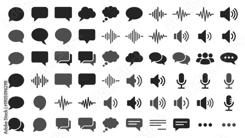 Vector Set of Communication and Chat Icons Featuring Speech Bubbles, Thought Clouds, Sound Waveforms, Speaker Volume Symbols, Microphones, and User Avatars in a Minimalist Flat Design Style.