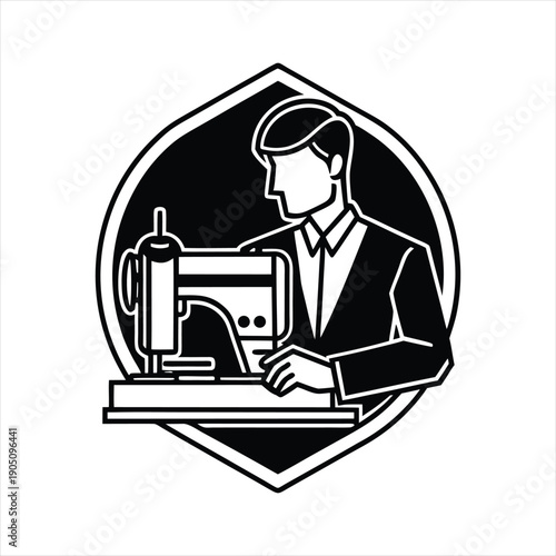 Tailor or seamster at sewing machine in black and white diamond shape emblem