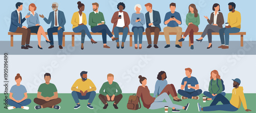 Diverse Group of People Sitting on Benches and Grass, Talking, Using Phones, and Relaxing in Modern Vector Style