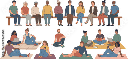 Diverse Group of People and Seniors Sitting on Bench and Mats Outside Relaxing, Working, Reading, and Talking Together