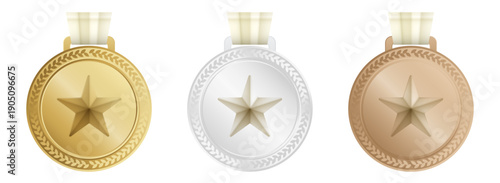 Gold Silver Bronze Star Medal Set with Laurel Wreath Vector