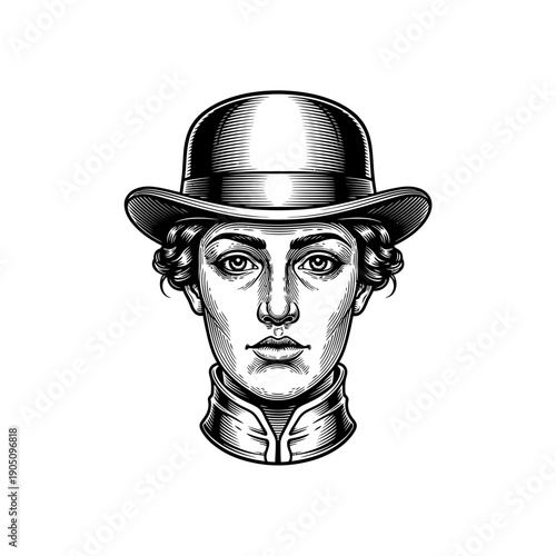 Vintage Man Portrait Wearing Bowler Hat.