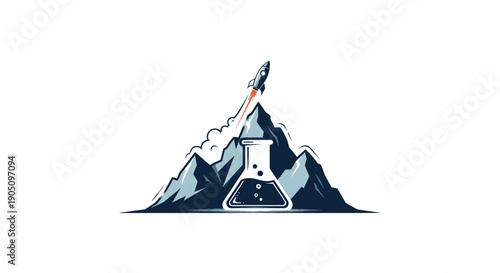 Rocket Launch from Mountain Peak with Flask, Science and Innovation Concept
