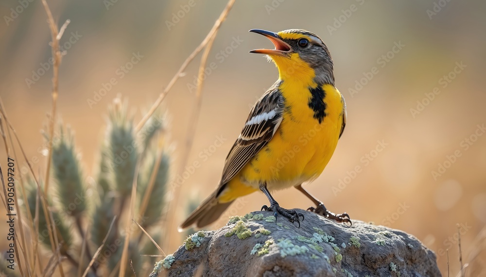 Naklejka premium Western meadowlark bird sings on rock at dry grass field. Yellow songbird black chest marking. Male bird sits on stone, opens beak, chirps, calls out. Avian wildlife in natural habitat. Beautiful