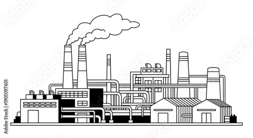 Industrial factory building with smoking chimneys and pipes, producing pollution and smoke.