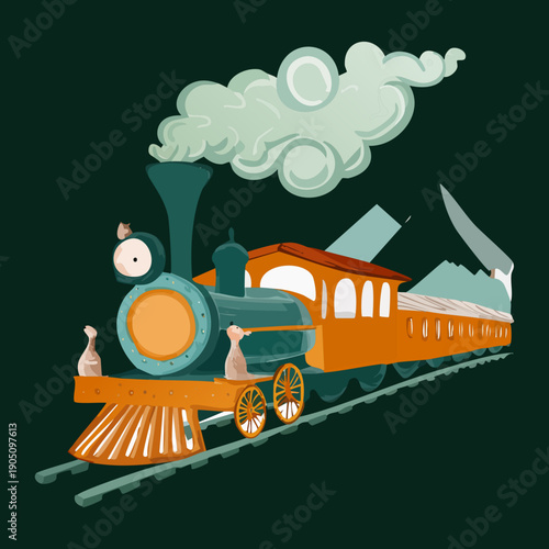 Steam locomotive train transportation puffing smoke while traveling on tracks across a scenic landscape with bridge