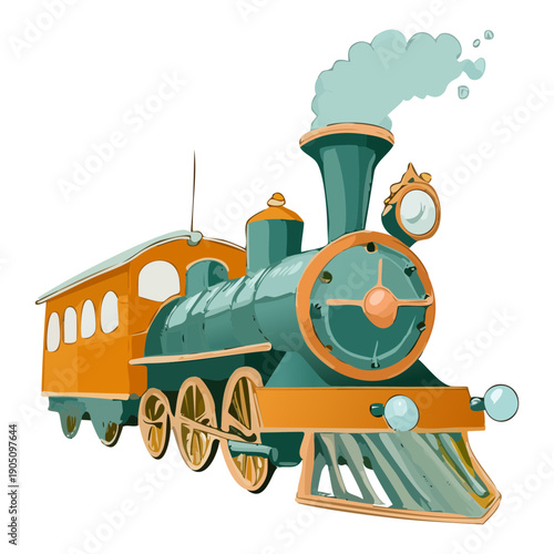 Traditional steam engine train transportation with orange and green colors puffing smoke on the steel railway tracks