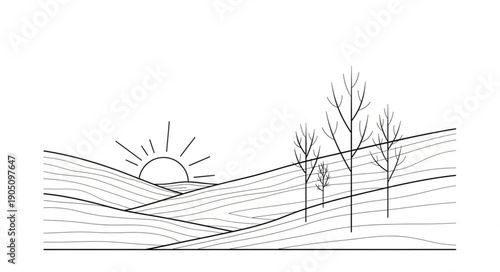 Minimalist Hand Drawn Landscape with Sunrise and Trees.