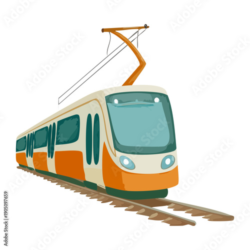 Modern electric tram transportation for city commuters moving on the street tracks in a clean urban environment