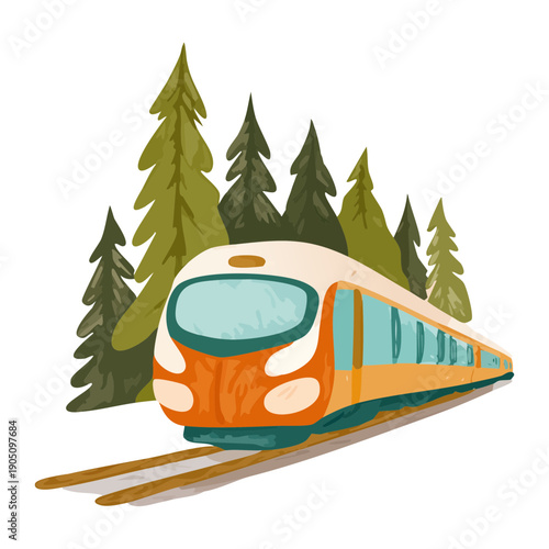 Close up front view of a modern electric train transportation with bright headlights on the railway tracks