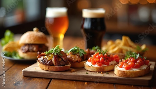 Beer and appetizers set on wooden table. Mini burgers and bruschetta served with chips and french fries. Pairs nicely with dark and pale ales.