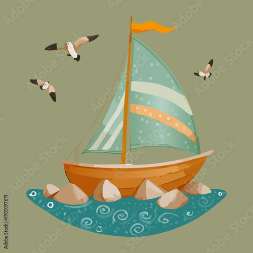 Traditional sailing boat transportation cruising on the calm sea during sunset with white clouds and flying birds