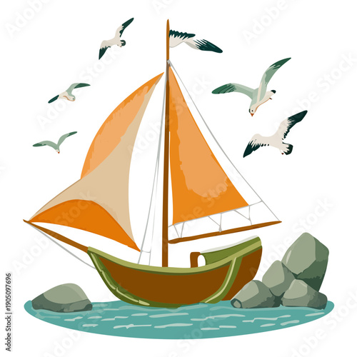 Classic wooden sailboat transportation with white sails floating on the blue ocean water with flying seagulls nearby