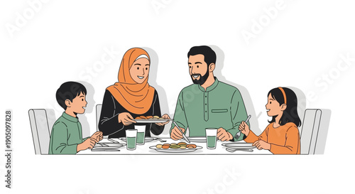 Illustration of a Muslim family sharing a traditional suhoor meal together during Ramadan, with a warm and intimate atmosphere, against a clean white background.