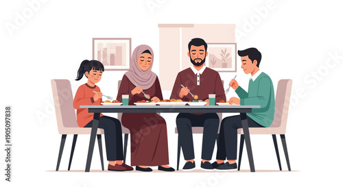 A Muslim family shares a traditional suhoor meal together during Ramadan in a warm and intimate home setting with a minimalist design.