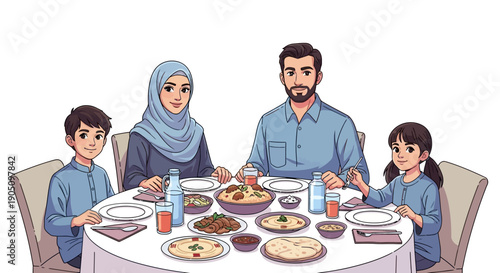 A Muslim family enjoys a traditional suhoor meal together during Ramadan, sitting around a table with various foods and drinks in a warm and intimate setting.
