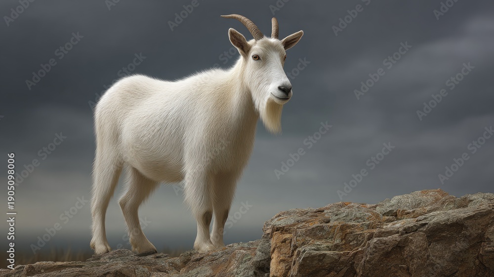 Fototapeta premium Majestic White Goat Standing on Rocky Terrain Under Dramatic Cloudy Sky Capturing Wilderness and Nature's Beauty in a Serene Moment