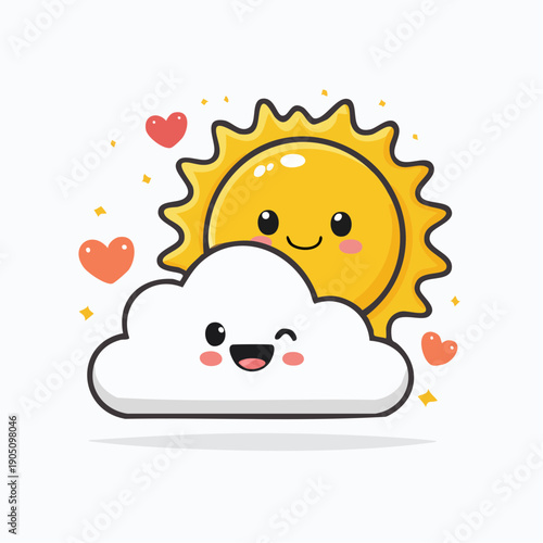 A cute cartoon sun and a winking cloud with hearts and sparkles, depicting a cheerful weather scene.