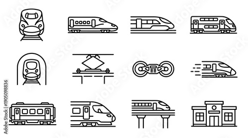 Vector line art icon set of modern high-speed trains, locomotive engines, passenger rail cars, subway tunnels, train stations, and railway infrastructure in a clean minimalist black and white style.