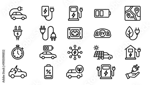 Set of 20 Electric Vehicle Line Icons Featuring EV Charging Stations, Battery Levels, Solar Powered Cars, Eco-Friendly Transportation, Power Plugs, and Sustainable Energy Symbols for Modern Design.