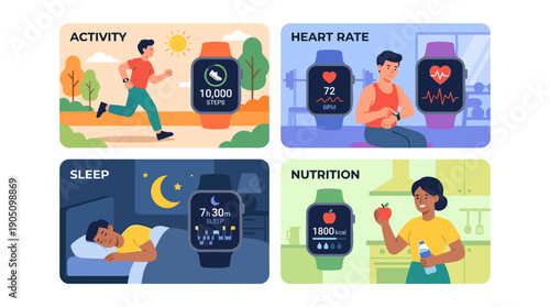 Comprehensive set of four flat vector scenes illustrating smartwatch health tracking features: activity and step counting, heart rate monitoring, sleep cycle analysis, and nutrition management.