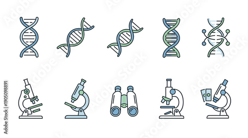 Minimalist vector icon set of biology and science symbols including DNA double helix strands, laboratory microscopes, and binoculars. Ideal for medical research, biotech, and education projects.