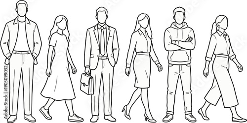 Diverse group of professional men and women in business casual and formal attire walking and standing together, vector illustration
