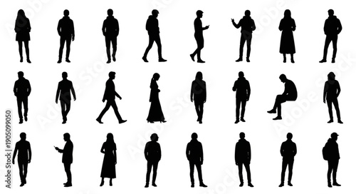 Diverse group of people silhouettes in various poses and actions.