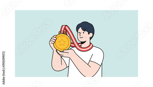 Man biting gold medal winner success