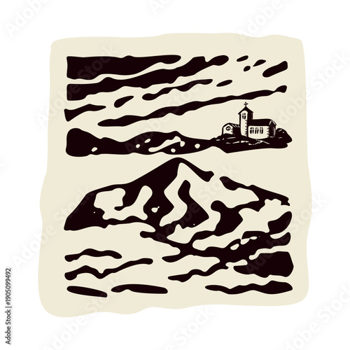 Pilgrimage scene of little monastery church on the pilgrims way route. Black and white simple hand drawn illustration for religious faith based icon.