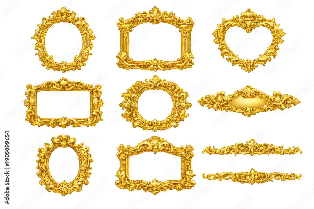 Obraz premium Golden baroque and rococo frames collection with classic ornamental borders, vintage heart shape and oval mirror elements
