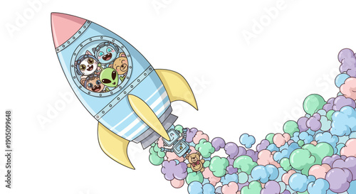Cute cartoon rocket ship blasting off with alien and animal passengers, leaving colorful cloud trail