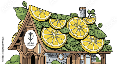 Whimsical Lemon House with Green Leaves and Natural Logo